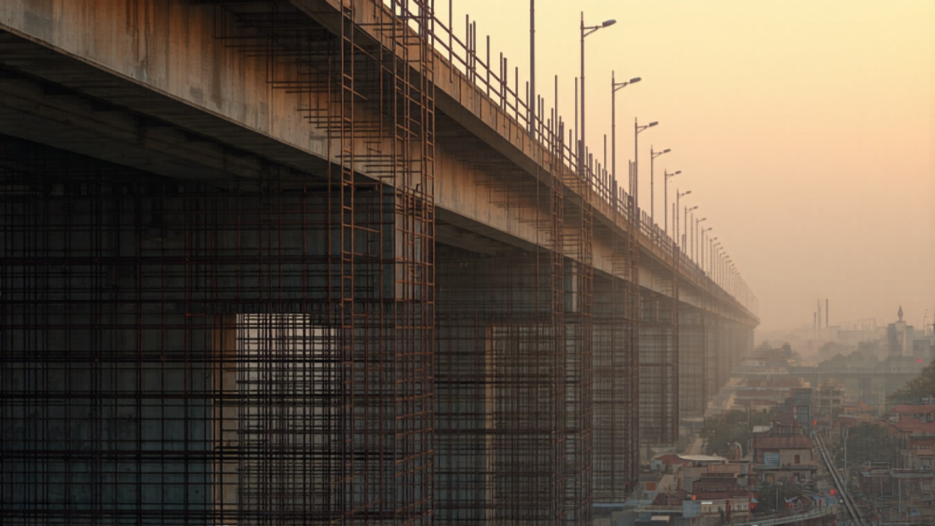 Concrete flyover under rehabilitation with scaffolding around its piers