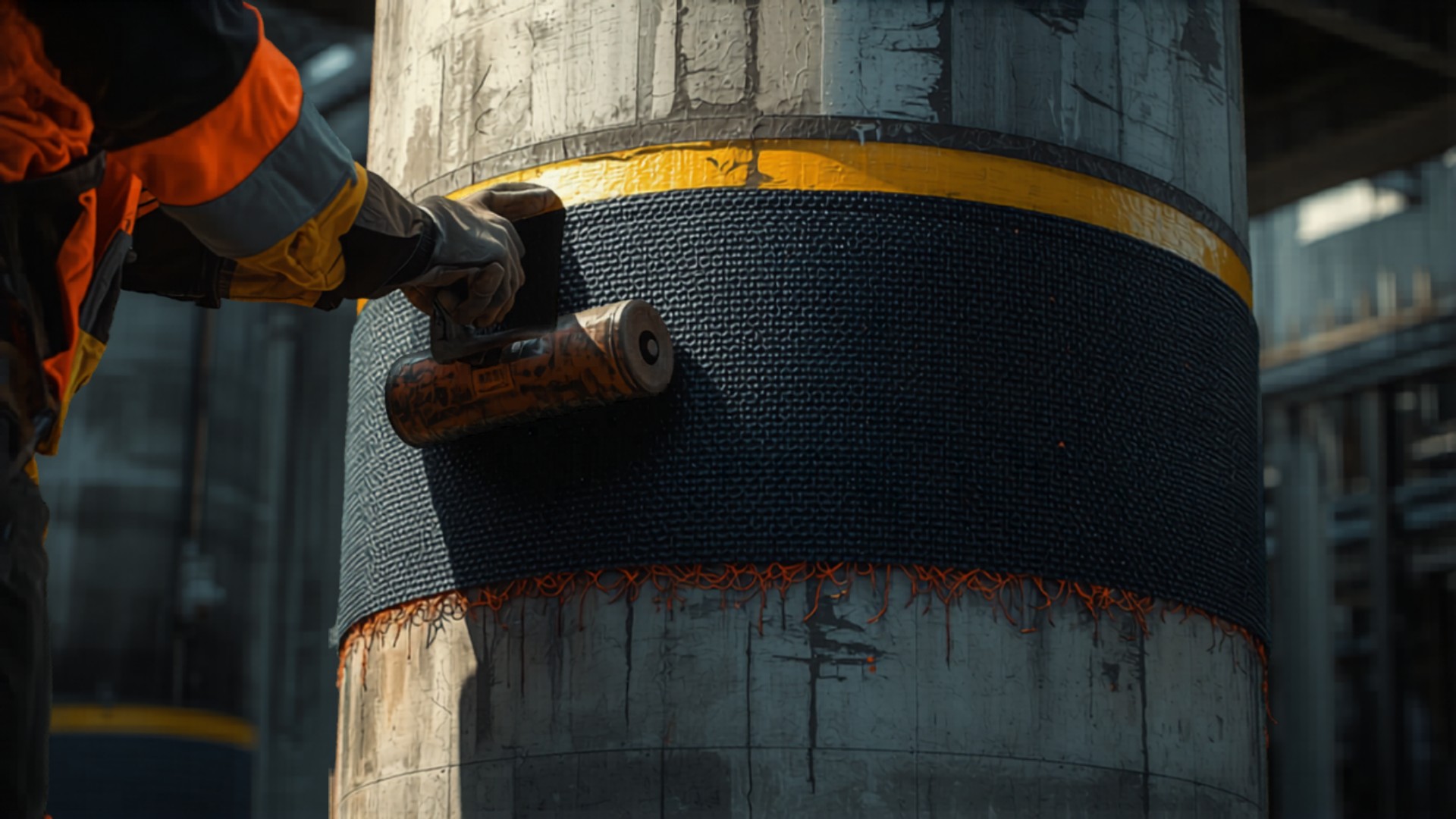 Workers applying carbon fibre reinforced polymer wrap around a concrete column
