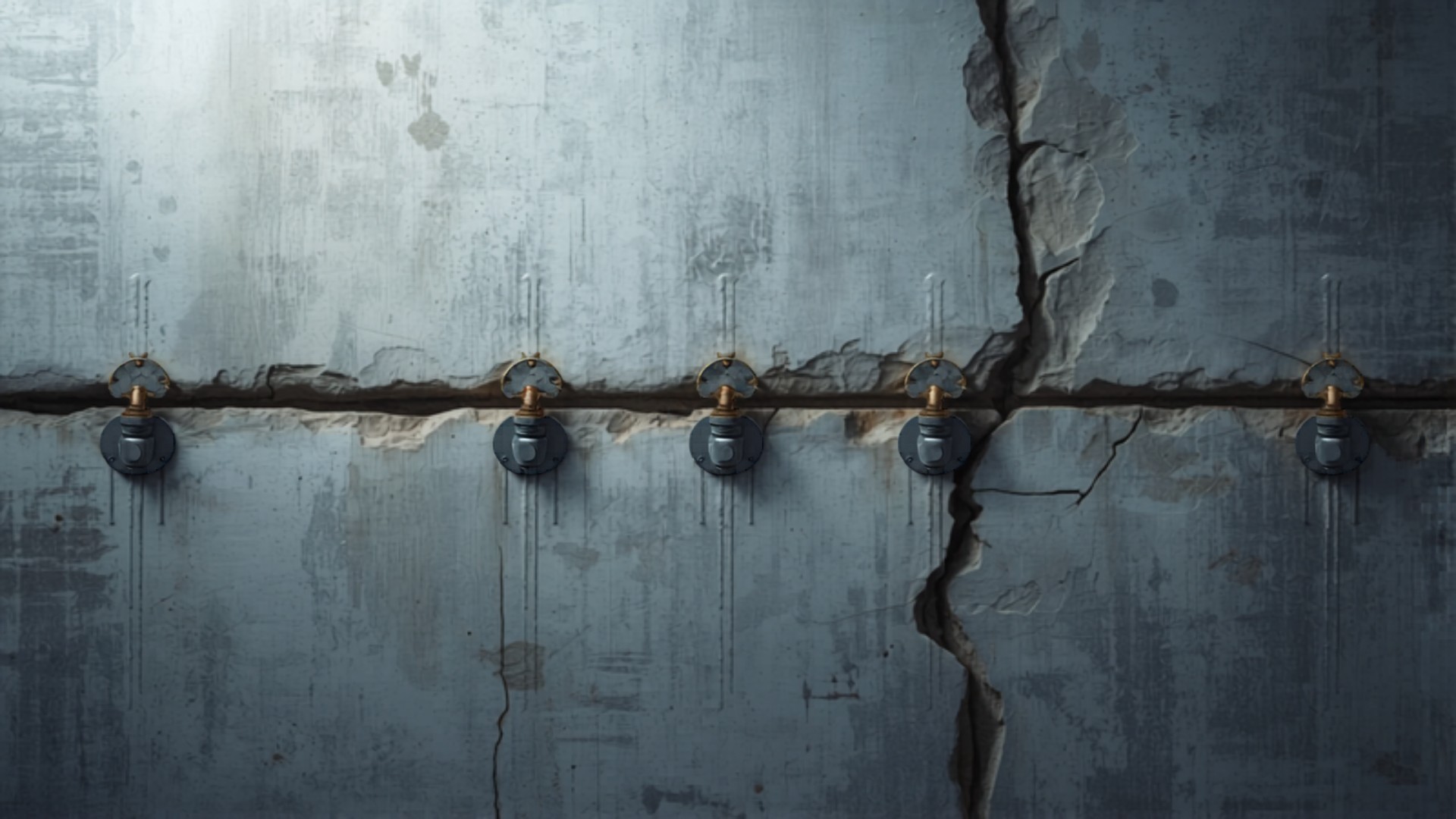Injection ports fixed along a sealed crack in a concrete wall for grouting