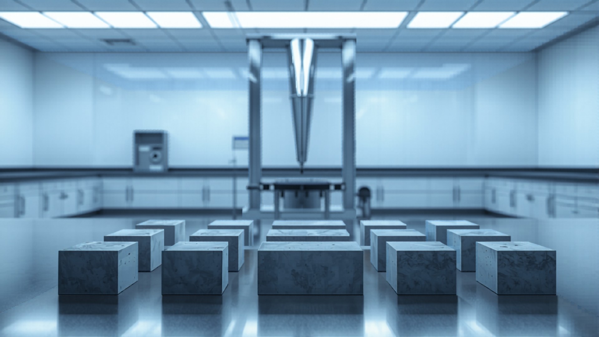 Concrete testing laboratory with cube specimens and compression testing machine