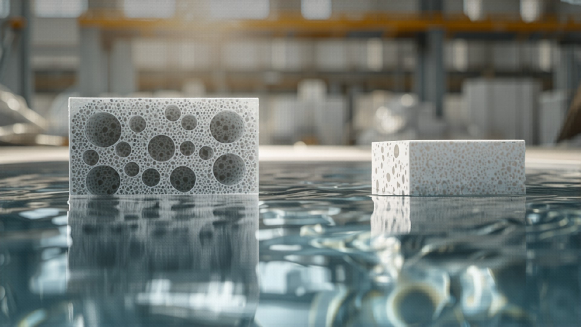 Lightweight cellular concrete blocks floating in water, demonstrating low density