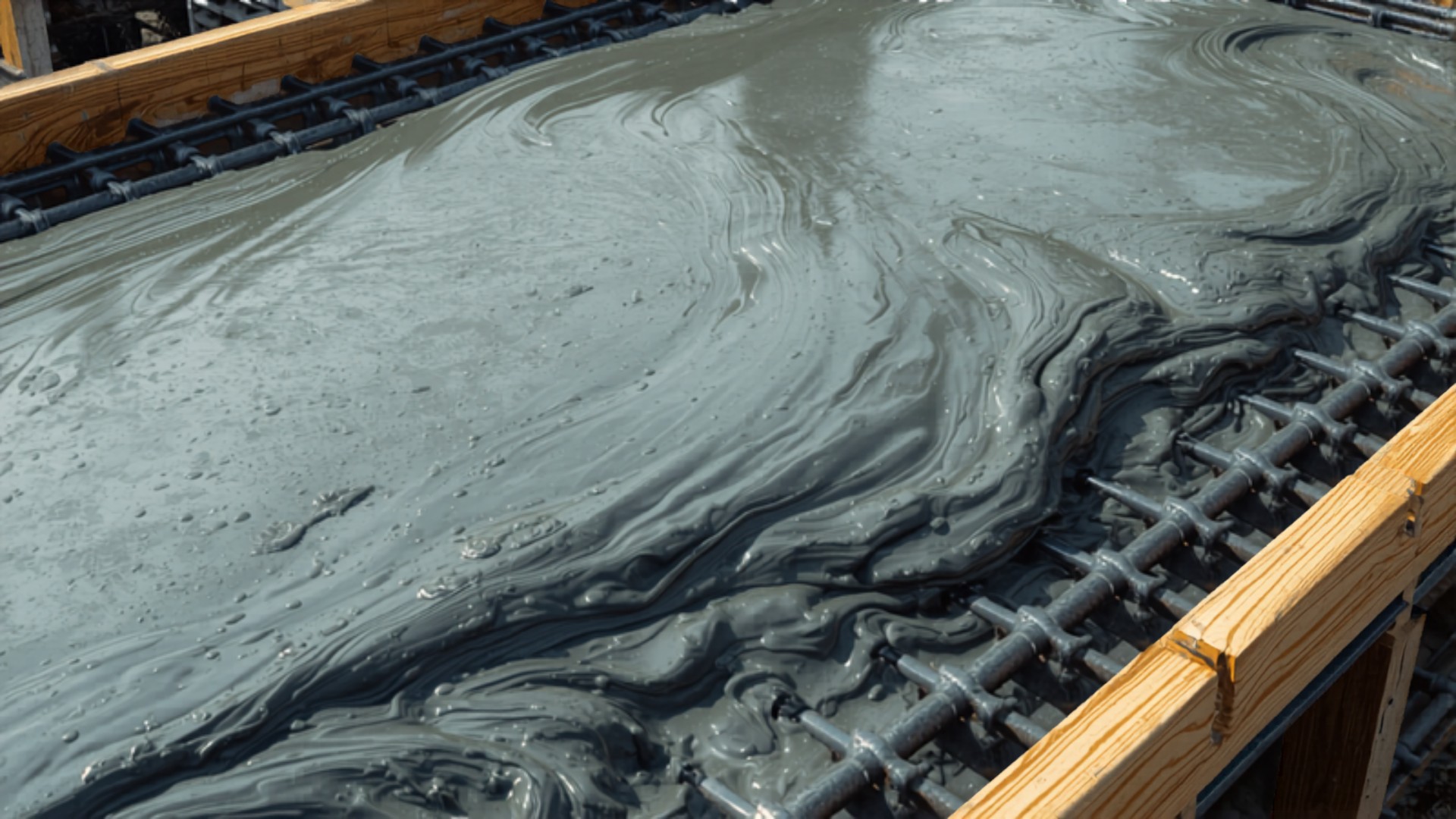 Self-compacting concrete flowing across steel reinforcement inside formwork