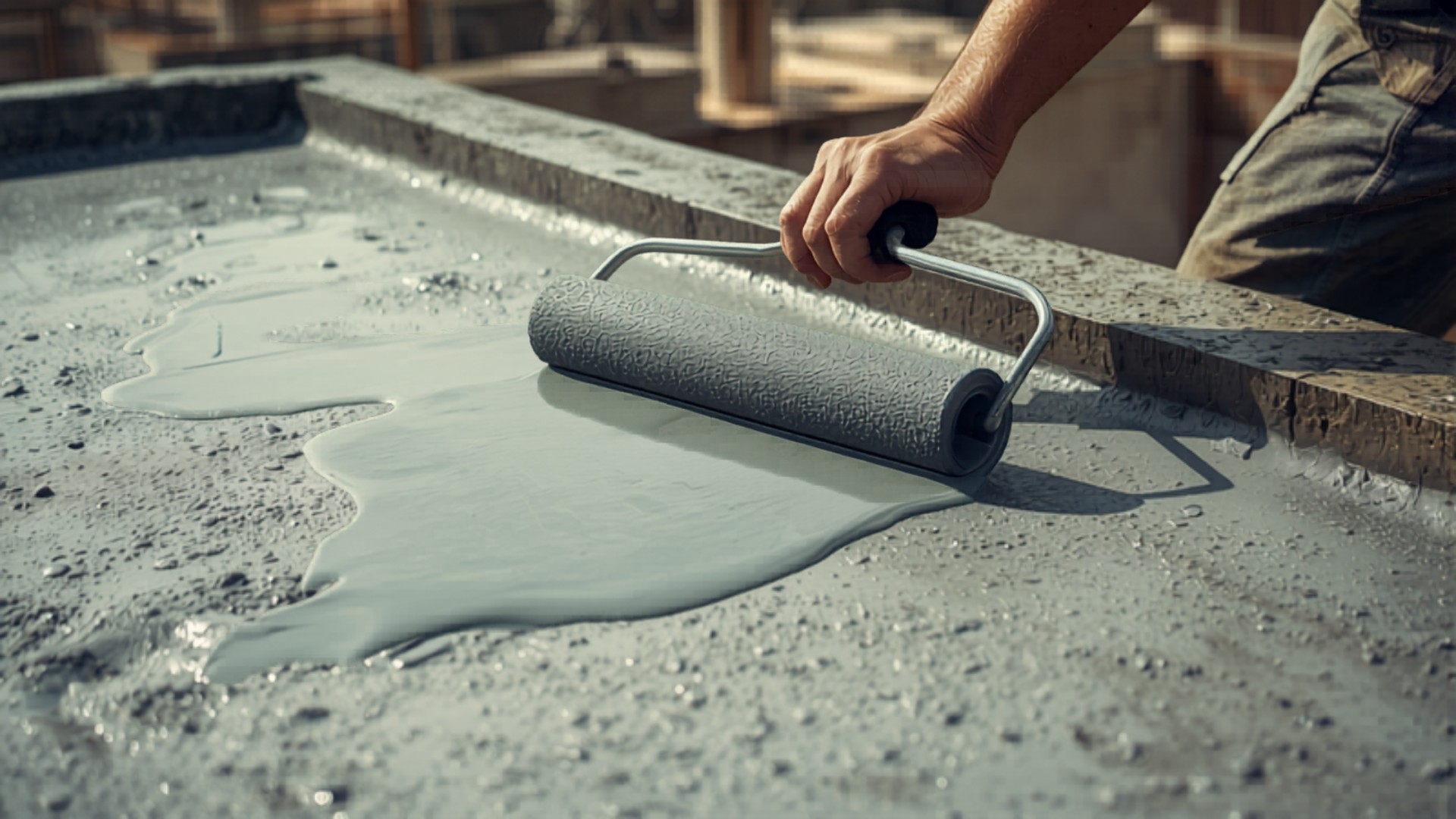 Liquid waterproofing membrane being applied to a concrete terrace with a roller